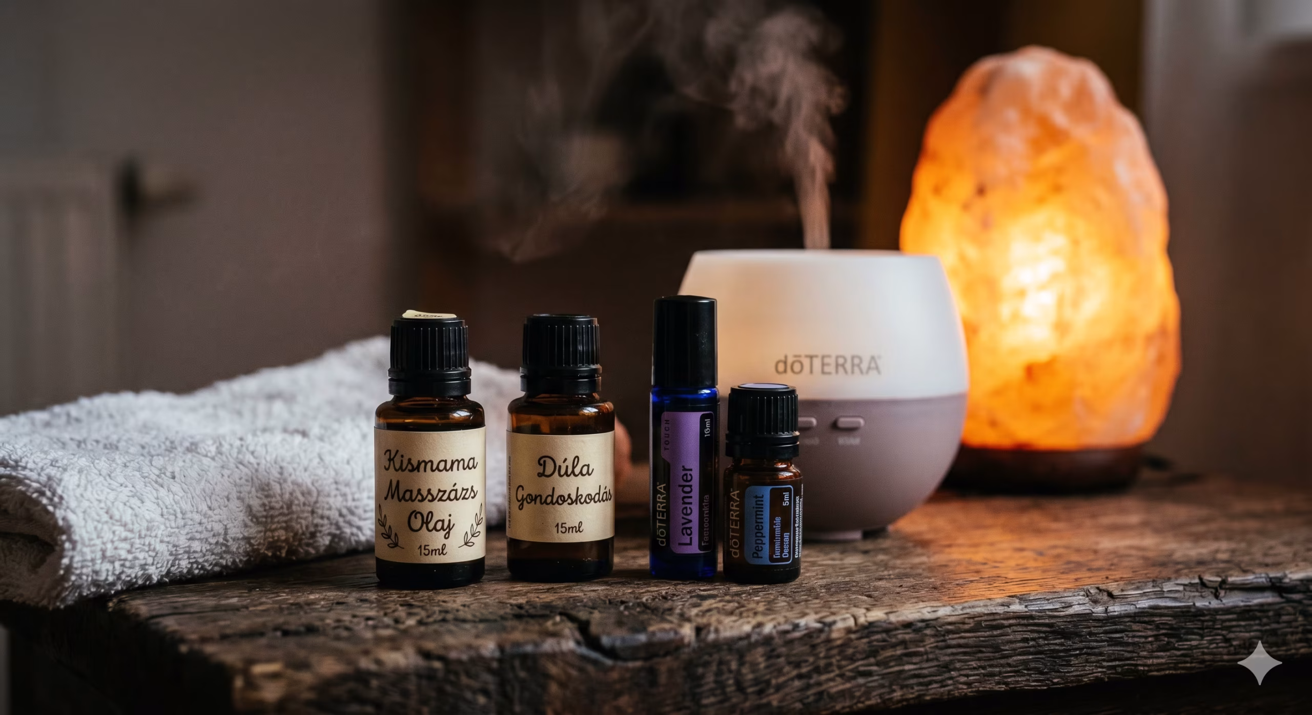 Wellness termékek: illóolajok, diffúzor és sólámpa pihenéshez